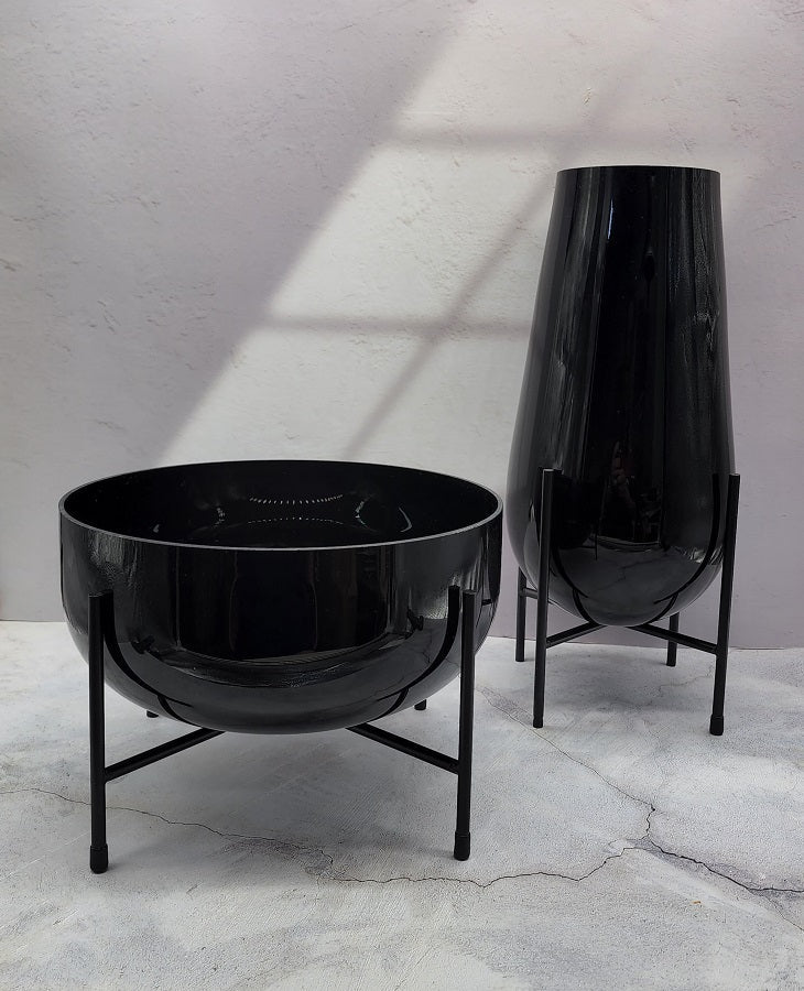 סט אגרטל וקערה זכוכית שחורה