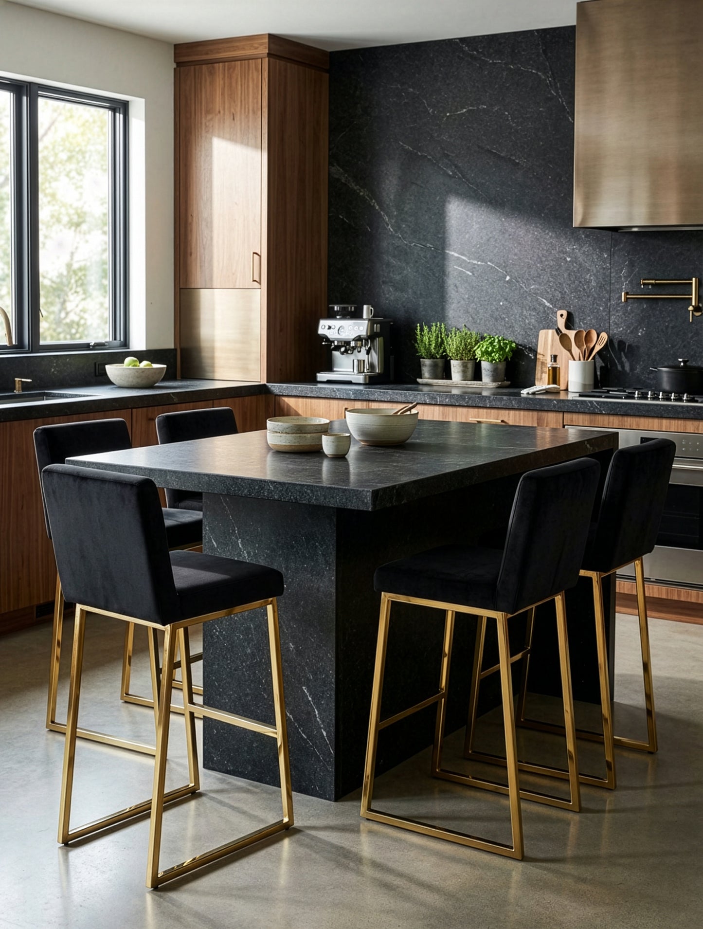 כיסא בר STAR - ריפוד קטיפה אפור פחם עם בסיס מתכת אל-חלד