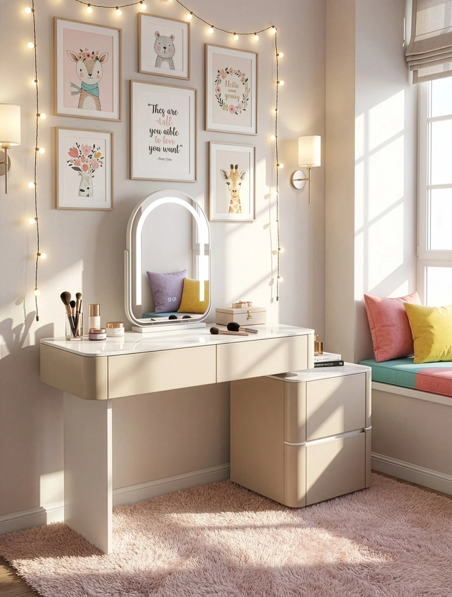 שידת איפור 100 ס"מ עם מראה ותאורת LED