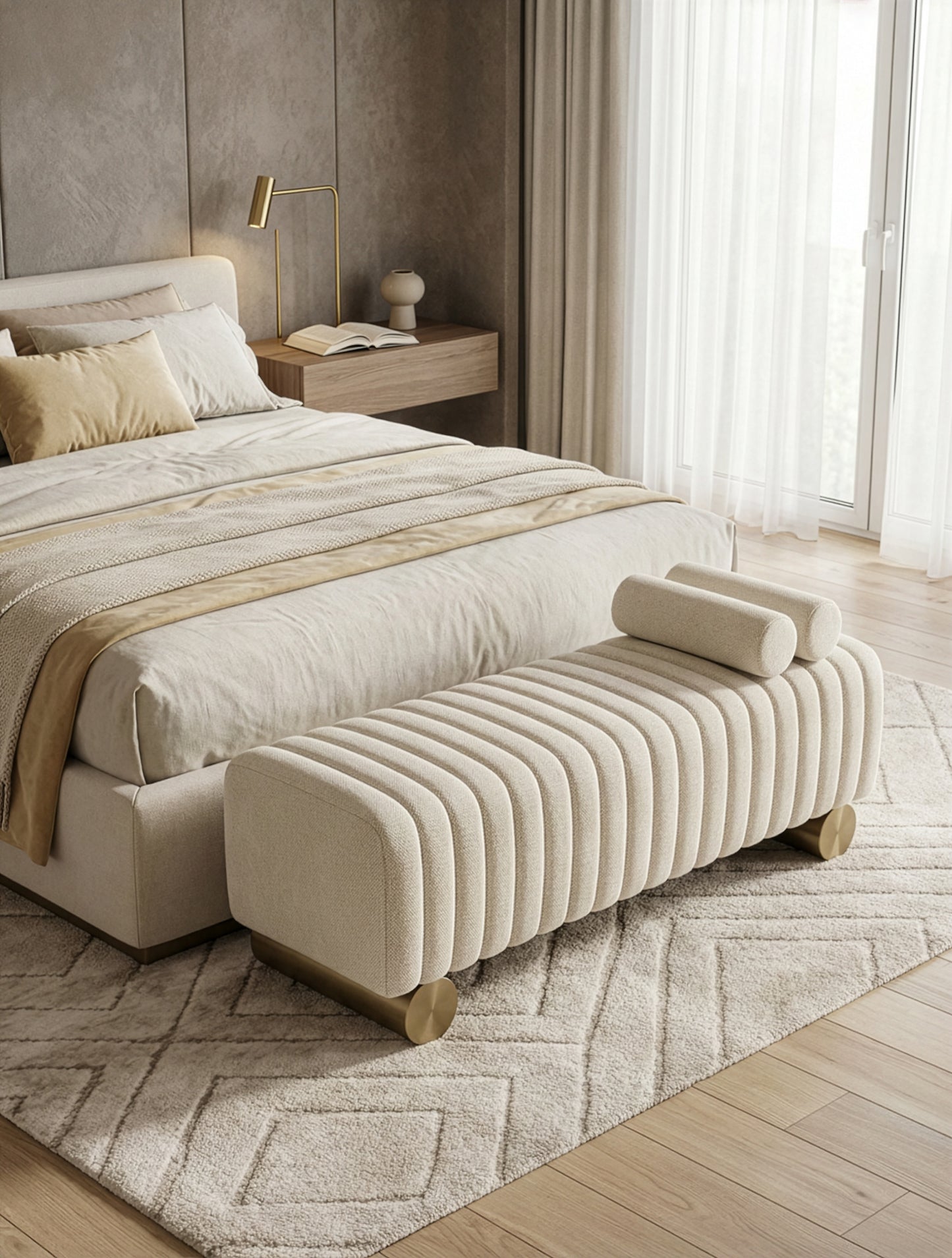 הדום STRIPES עם רגלי מתכת ושתי כריות בצבע שמנת