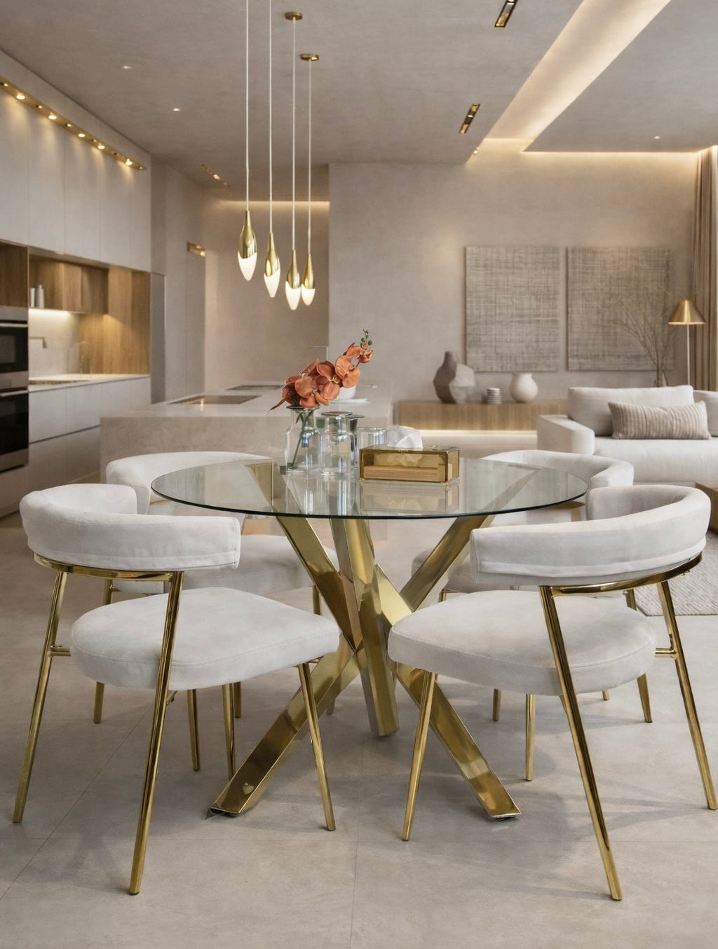 כיסא אוכל ALMA שמנת קטיפה עם רגלי זהב סביב שולחן עגול בפינת אוכל יוקרתית בעיצוב מודרני