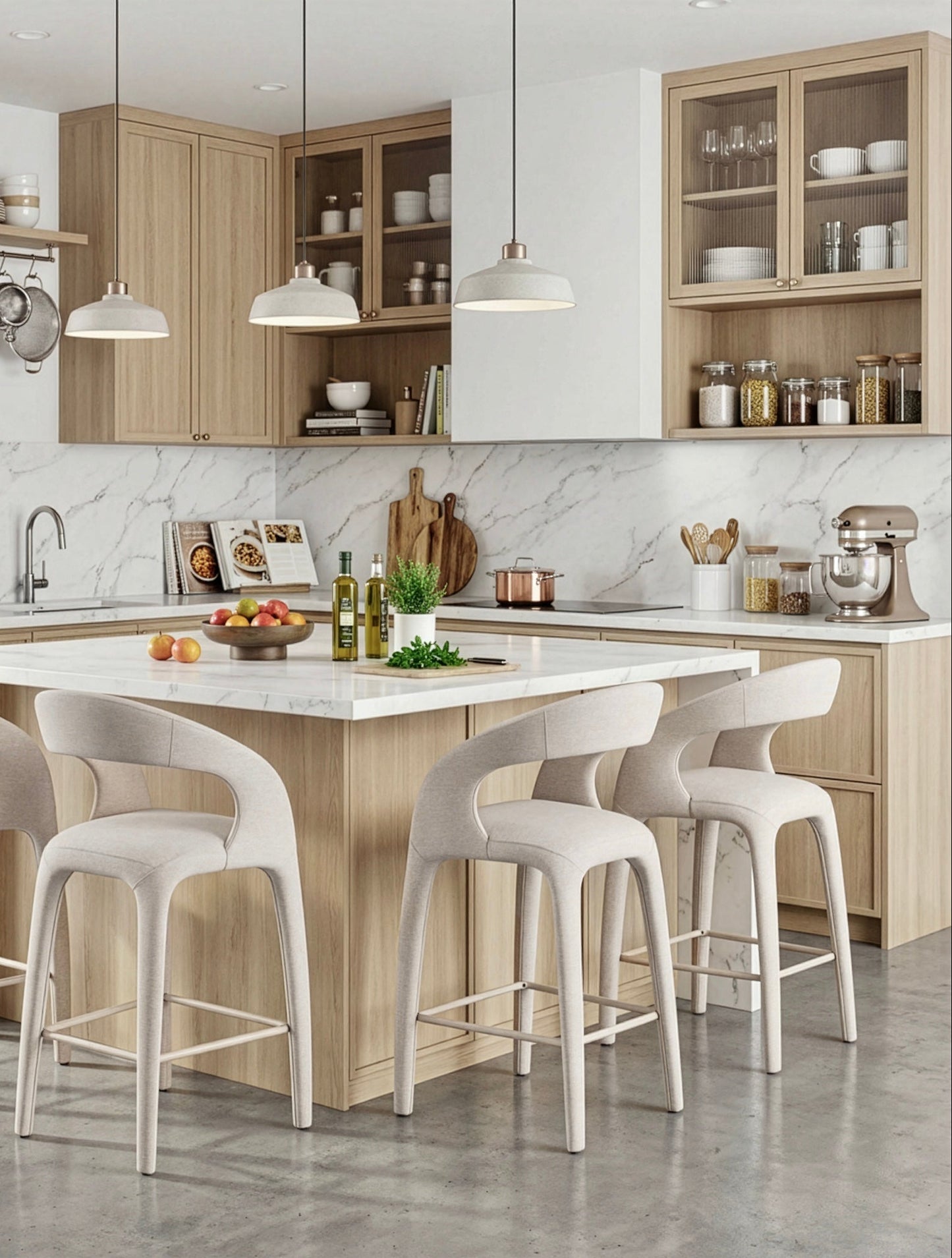 כיסא בר APPOLO מרופד בד בגוון טאופ-אפור עם גב מעוגל ורגלי מתכת דקות, לצד אי אבן במטבח מודרני