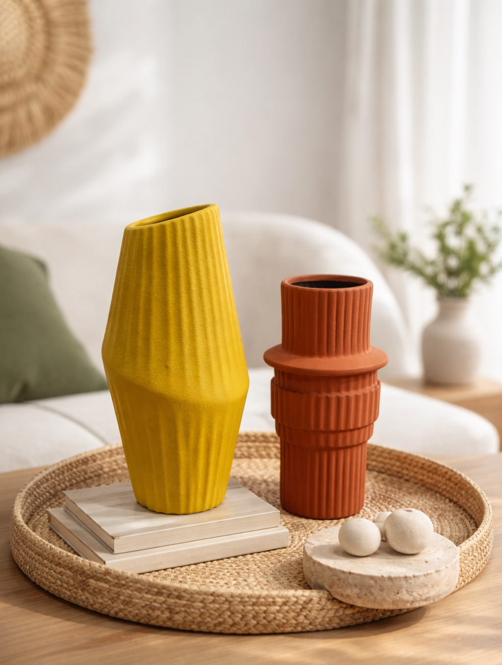 זוג אגרטלי קרמיקה צבעוניים בגווני חרדל וטרקוטה עם טקסטורה אנכית