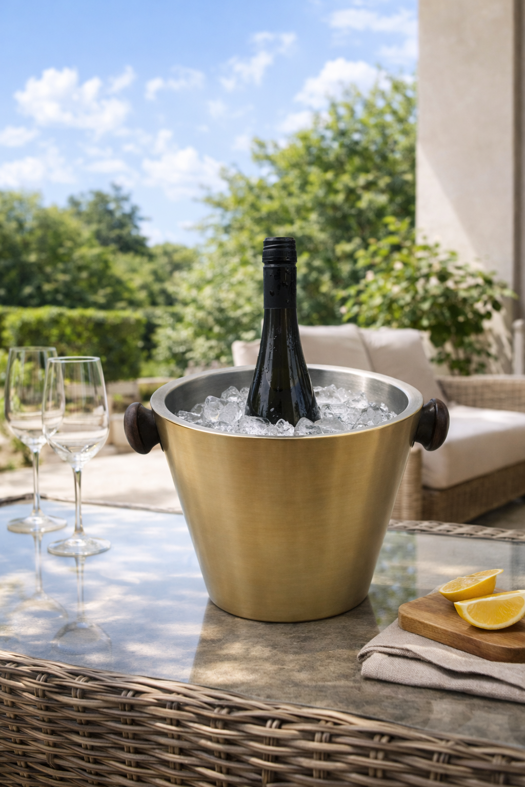 דלי קרח לשמפניה וליין מנירוסטה זהב מט עם בקבוק יין בתוך קרח