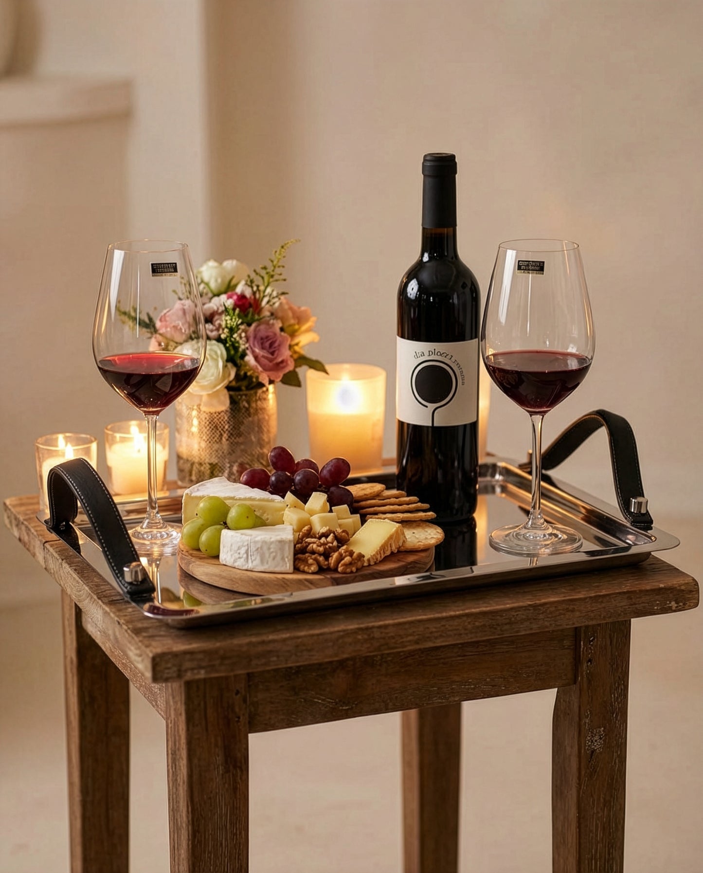 מגש אירוח מתכת עם ידיות עור שחור עם צלחת גבינות להגשת יין וכוסות