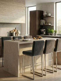 כיסא בר STAR - ריפוד קטיפה אפור פחם עם בסיס מתכת אל-חלד בצבע ניקל