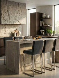 כיסא בר STAR - ריפוד קטיפה אפור פחם עם בסיס מתכת אל-חלד בצבע ניקל