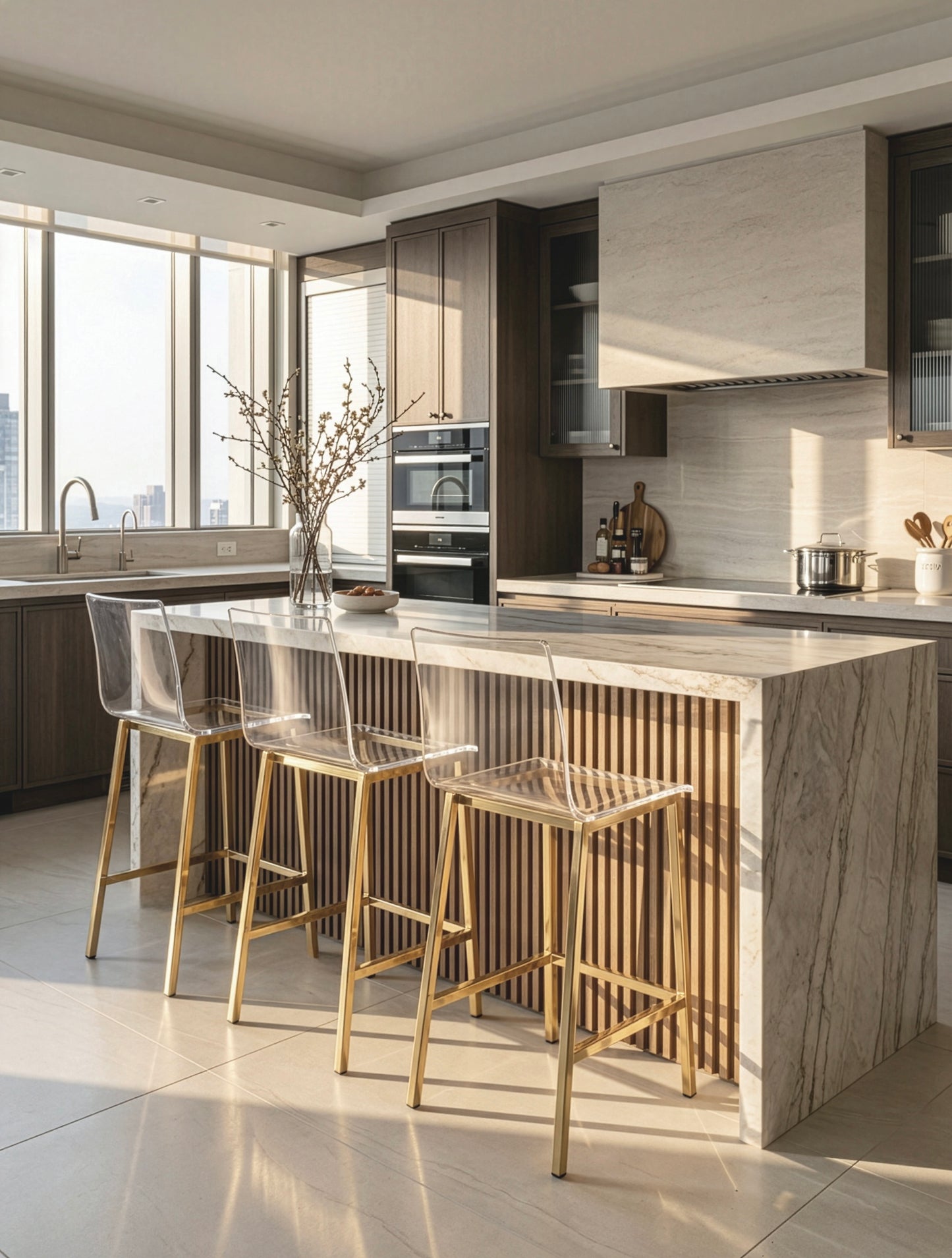 כיסא בר AURA – שקיפות אולטרה־יוקרתית עם בסיס מתכת בגימור זהב