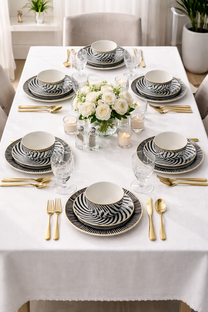 סט אוכל יוקרתי 18 חלקים שחור לבן עם נגיעות זהב