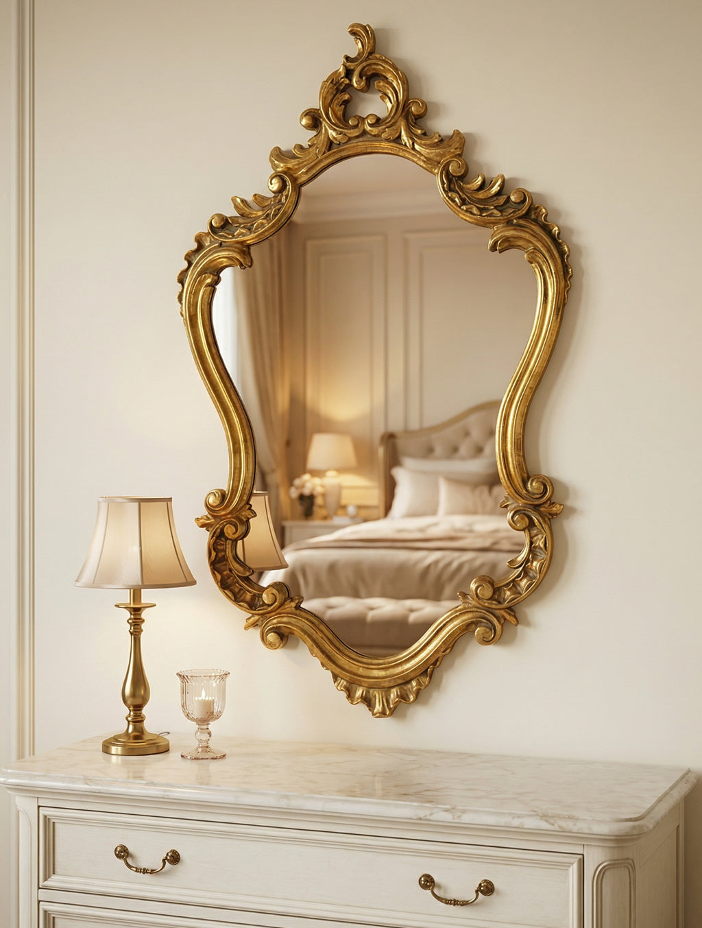 מראת קיר מוזהבת בסגנון בארוק  בצבע זהב מעל שידה בהירה עם מנורת שולחן, לאווירה רומנטית בחדר שינה