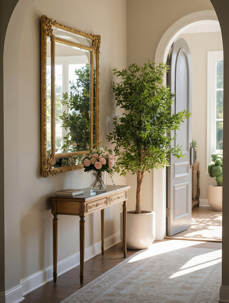 מראה מעוצבת עם מסגרת זהובה מעוטרת מעל קונסולתכניסה קלאסית עם פרחי נוי