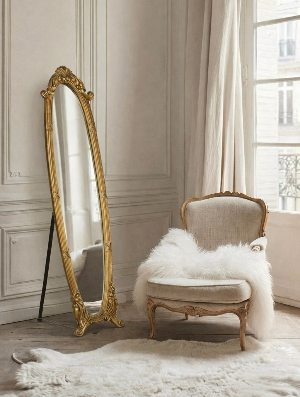 מראת רצפה בארוק מוזהבת בעמידה בחדר שינה קלאסי