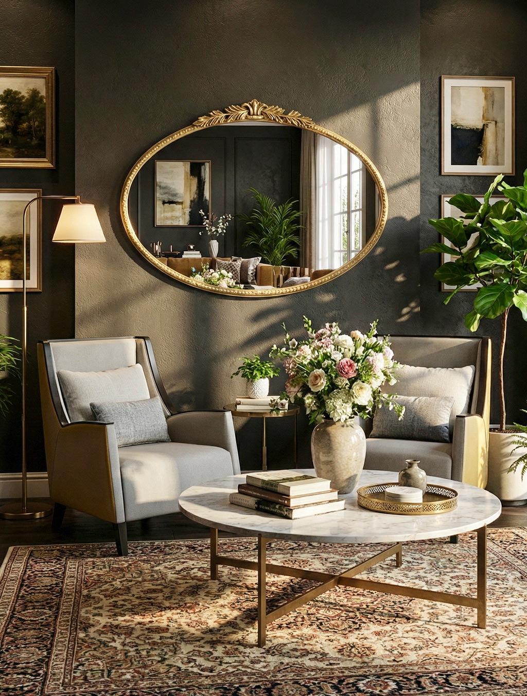 מראה אובלית קלאסית עם מסגרת זהב מעוטרת עדין