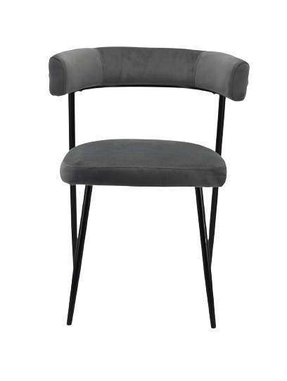 כיסא אירוח ALMA לפינת אוכל, כיסא אוכל אפור מרופד עם גב מעוגל ורגליים שחורות, צילום חזית