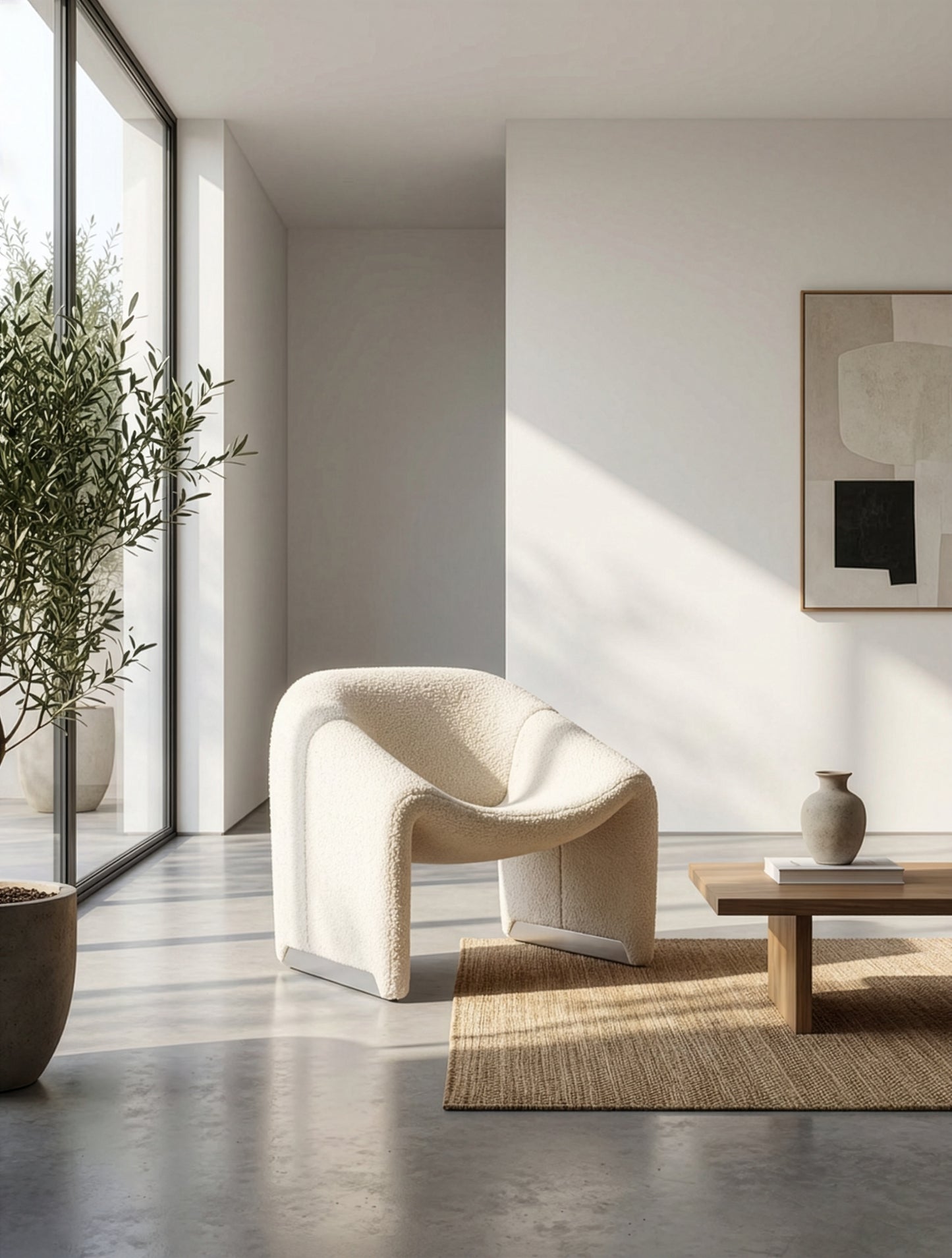 כורסה מעוצבת מבד בוקלה עם מבנה פיסולי וקווים מעוגלים לסלון מודרני