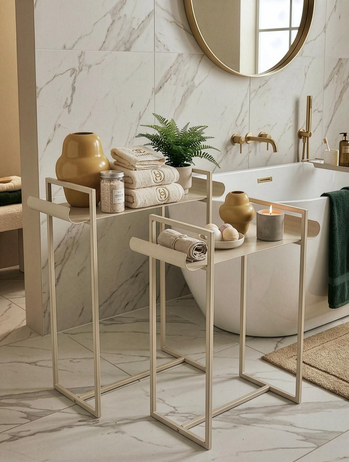 זוג שולחן צד מתכת מעוצב לחדר רחצה מודרני עם אחסון מגבות ואקססוריז