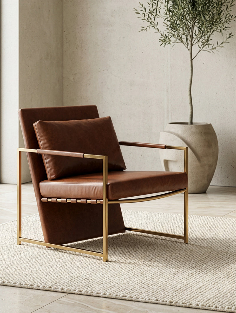 כורסת לאונג' קלאסית עם ריפוד חום ומסגרת נירוסטה בגימור זהב 