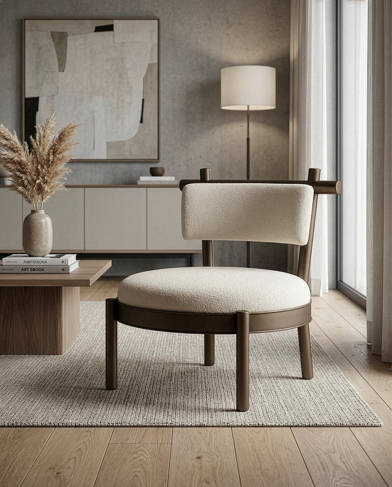 כורסה אלגנטית עם בסיס בראס וריפוד בד בהיר