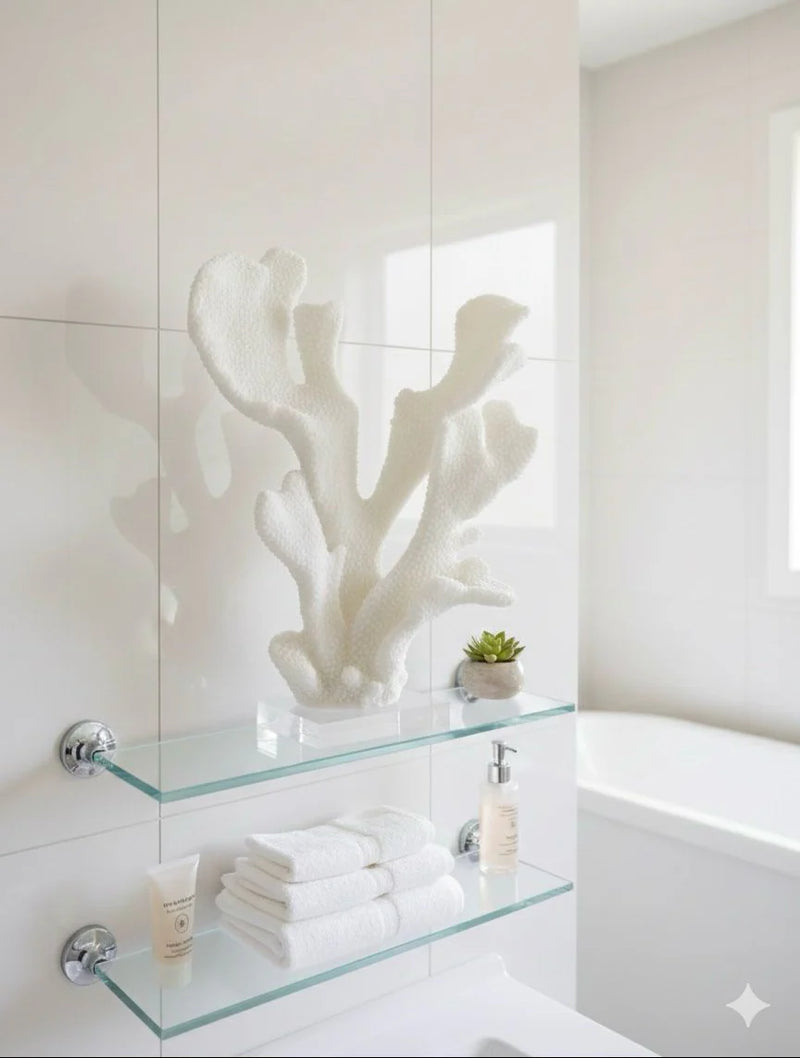 פסל אלמוג Coral Blanc בצבע בהיר עם בסיס קריסטל על מדף בעיצוב מודרני