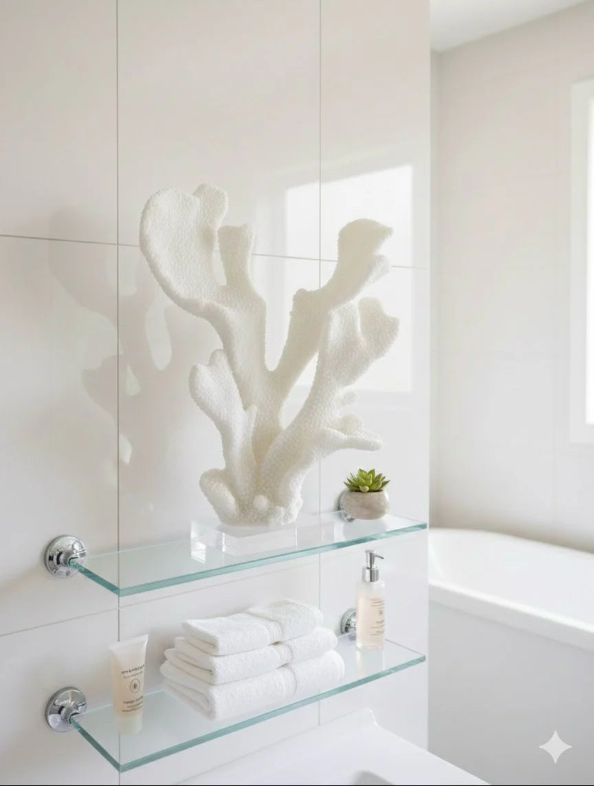 פסל אלמוג Coral Blanc בצבע בהיר עם בסיס קריסטל על מדף בעיצוב מודרני