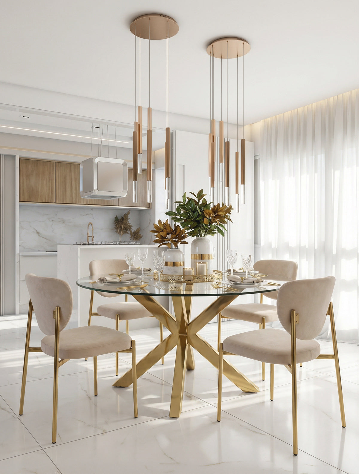 כיסא אוכל מרופד בגוון שמנת עם גב מעוגל ורגלי מתכת בגימור זהב, בתוך מטבח מודרני לבן בשילוב עץ