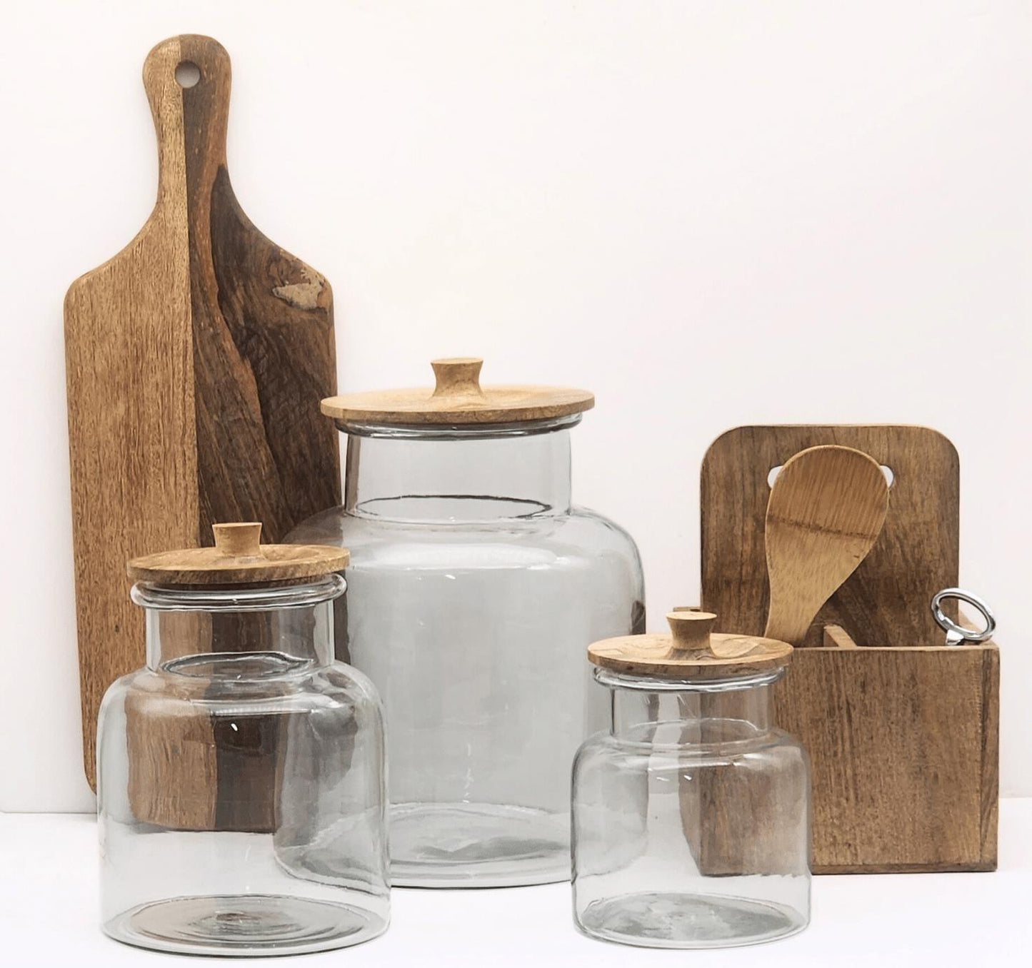 סט 3 צנצנות זכוכית עם מכסה עץ