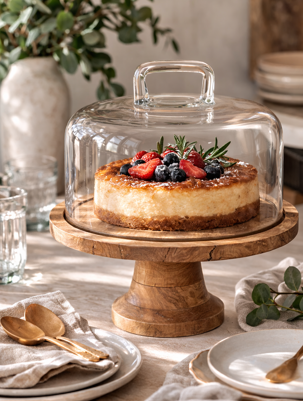 פעמון לעוגה מזכוכית עם כיפת זכוכית ורגל עץ טבעי עם עוגת גבינה  כלי הגשה מעוצבים לאירוח והגשת קינוחים