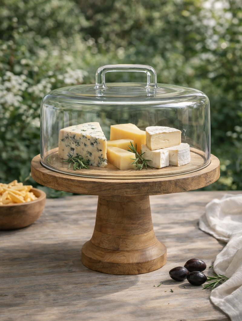 מעמד לעוגה מזכוכית עם כיפת זכוכית ורגל עץ טבעי - כלי הגשה מעוצבים לאירוח והגשת קינוחים