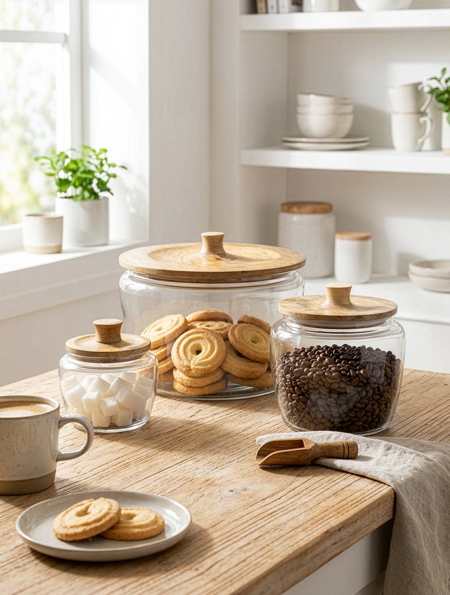צנצנות זכוכית עם מכסה עץ טבעי לאחסון קפה סוכר ועוגיות על שיש מטבח