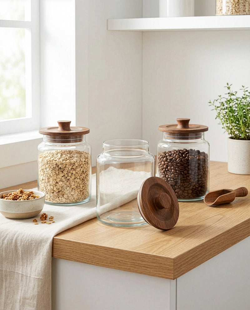 סט 3 צנצנות זכוכית עם מכסה עץ לאחסון במטבח