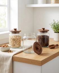 סט 3 צנצנות זכוכית עם מכסה עץ לאחסון במטבח