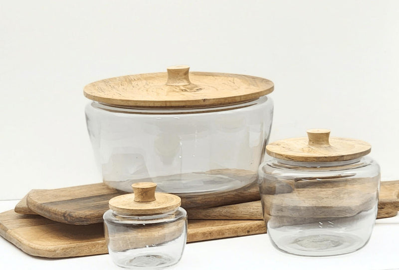 סט צנצנות זכוכית עם מכסה עץ טבעי לאחסון מזון במטבח