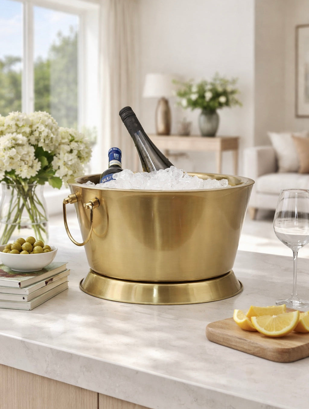 שמפניירה מנירוסטה בגימור זהב עם קרח ובקבוקי יין על שולחן אירוח יוקרתי