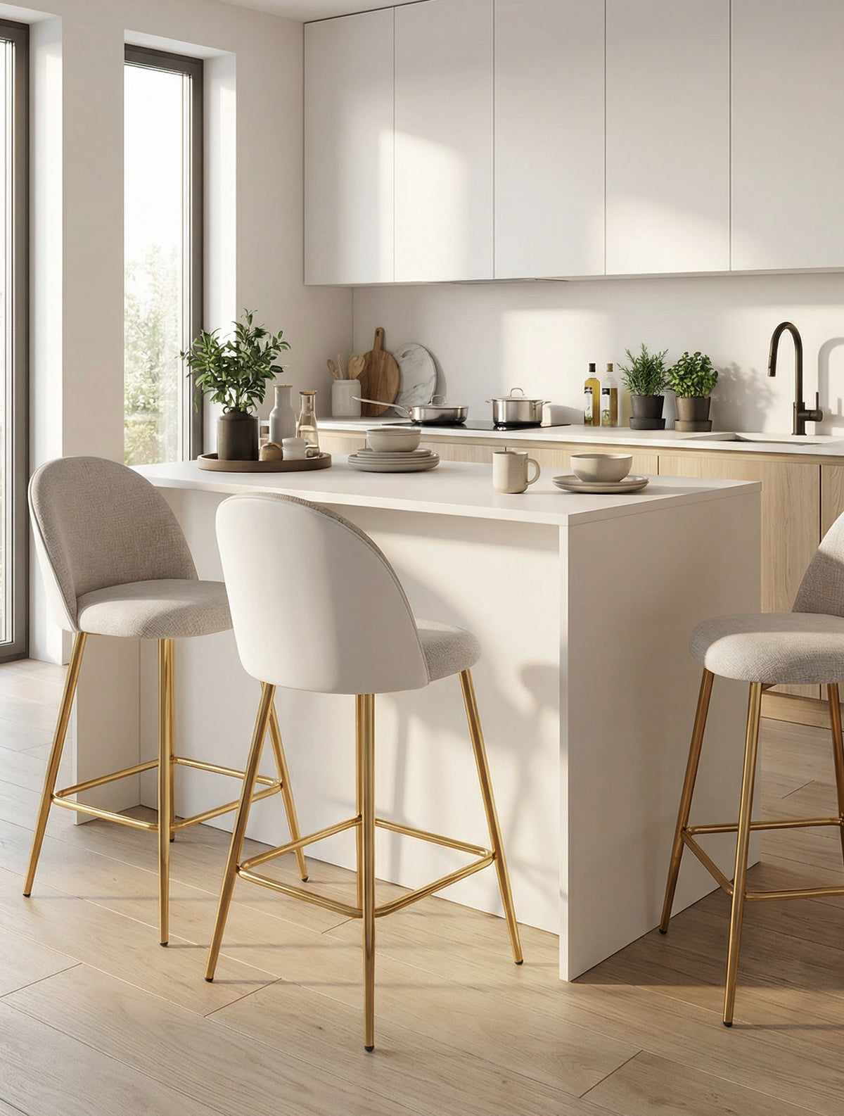 כיסא בר מרופד בד בהיר עם גב מעוגל ובסיס מתכת זהב, מסודר סביב אי עץ במטבח מודרני בהיר