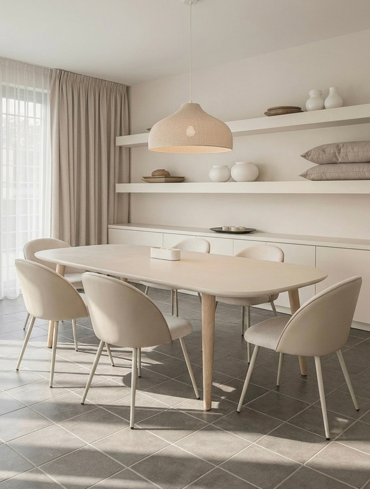 כיסאות אוכל LUNA בגוון אבן עם בסיס מתכת בהיר סביב שולחן אוכל בחלל מואר ומינימליסטי, כיסאות לפינת אוכל בהירים