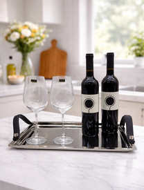 מגש אירוח מתכת עם ידיות עור שחור להגשת יין וכוסות