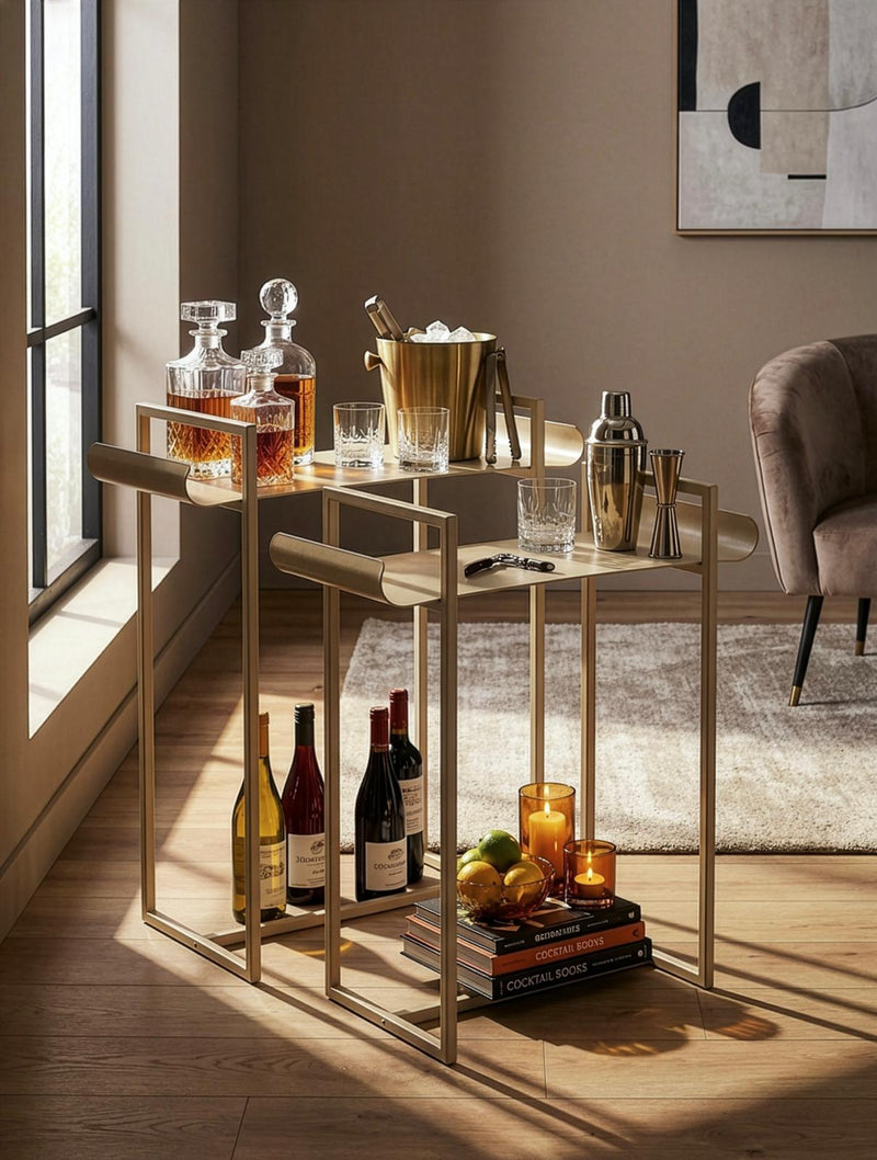 זוג שולחנות צד מתכת לסלון כאזור בר ואירוח עם בקבוקי יין וכלי קוקטייל