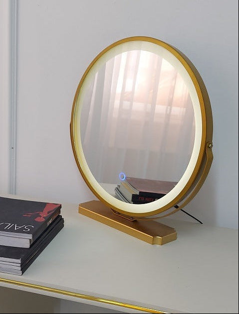 מראה שולחנית עגולה עם תאורת LED ומסגרת זהב יוקרתי