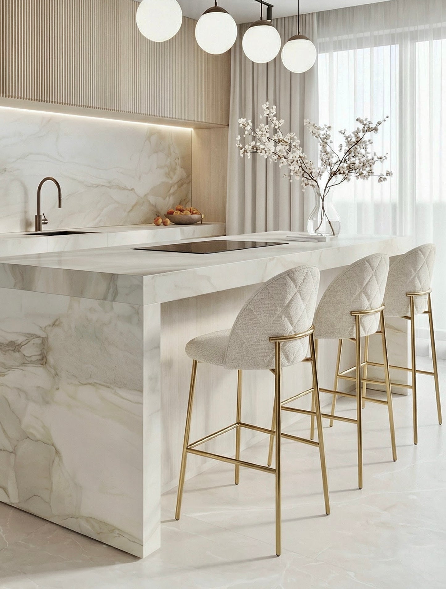 כיסא בר מרופד לבן עם נגיעות חומות על  בסיס מתכת זהב בעיצוב מודרני מינימליסטי במטבח מודרני