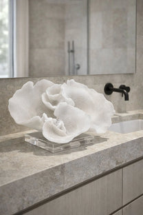 פסל אלמוג לבן Ivory Coral על בסיס קריסטל שקוף 